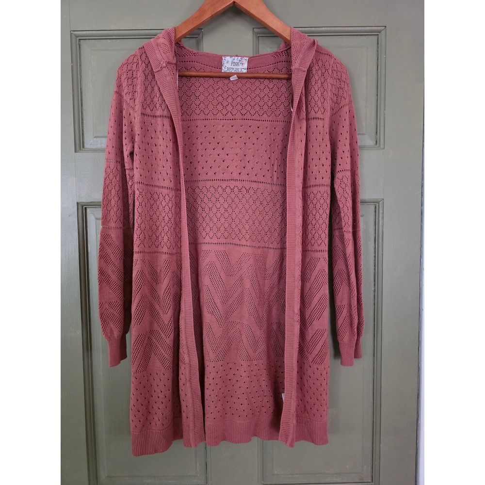 Pink Republic Terra Clay Mauve Pointelle Chevron Hooded Open Front Cardigan XS